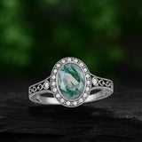 Vintage 1.15 Ct Oval Green Moss Agate Halo Engagement Ring
