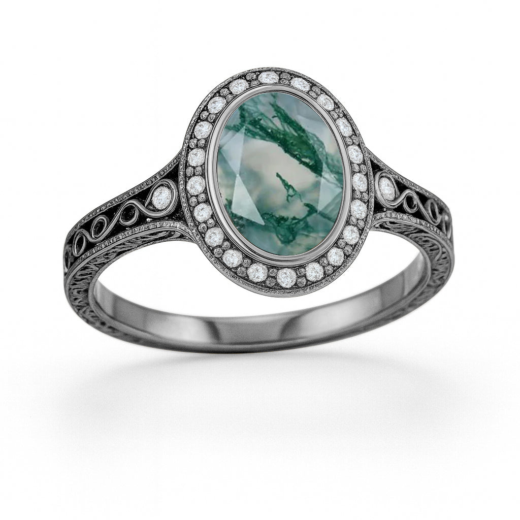 Vintage 1.15 Ct Oval Green Moss Agate Halo Engagement Ring