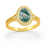 Vintage 1.15 Ct Oval Green Moss Agate Halo Engagement Ring
