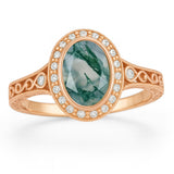 Vintage 1.15 Ct Oval Green Moss Agate Halo Engagement Ring