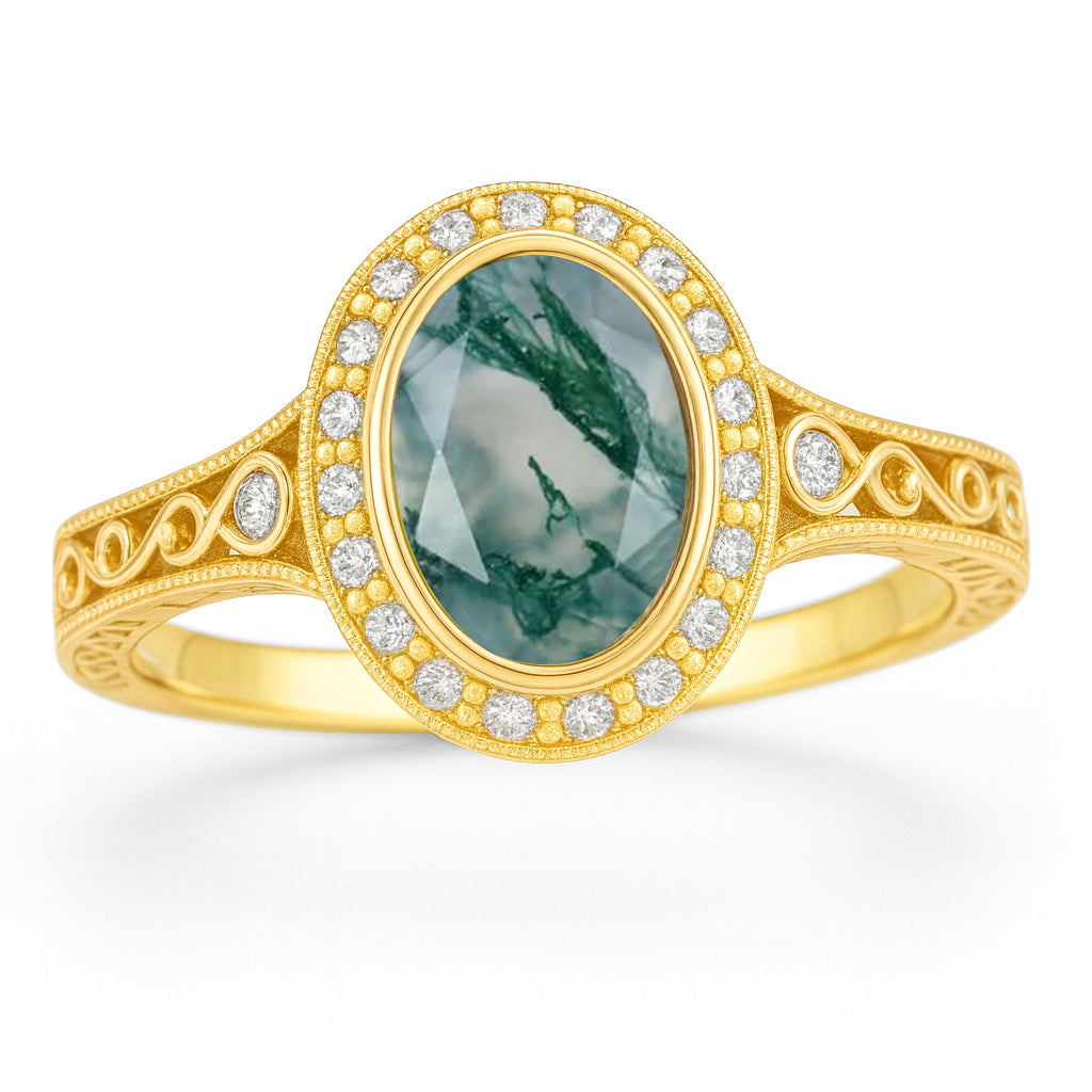 Vintage 1.15 Ct Oval Green Moss Agate Halo Engagement Ring