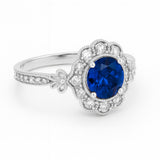 Floral 1.30 Ct Round Blue Sapphire Halo Engagement Ring