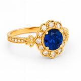 Floral 1.30 Ct Round Blue Sapphire Halo Engagement Ring