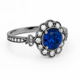 Floral 1.30 Ct Round Blue Sapphire Halo Engagement Ring