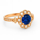 Floral 1.30 Ct Round Blue Sapphire Halo Engagement Ring