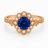 Floral 1.30 Ct Round Blue Sapphire Halo Engagement Ring