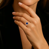 Floral 1.30 Ct Round Blue Sapphire Halo Engagement Ring