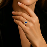 Floral 1.30 Ct Round Blue Sapphire Halo Engagement Ring