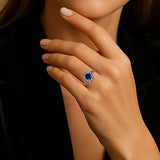 Floral 1.30 Ct Round Blue Sapphire Halo Engagement Ring