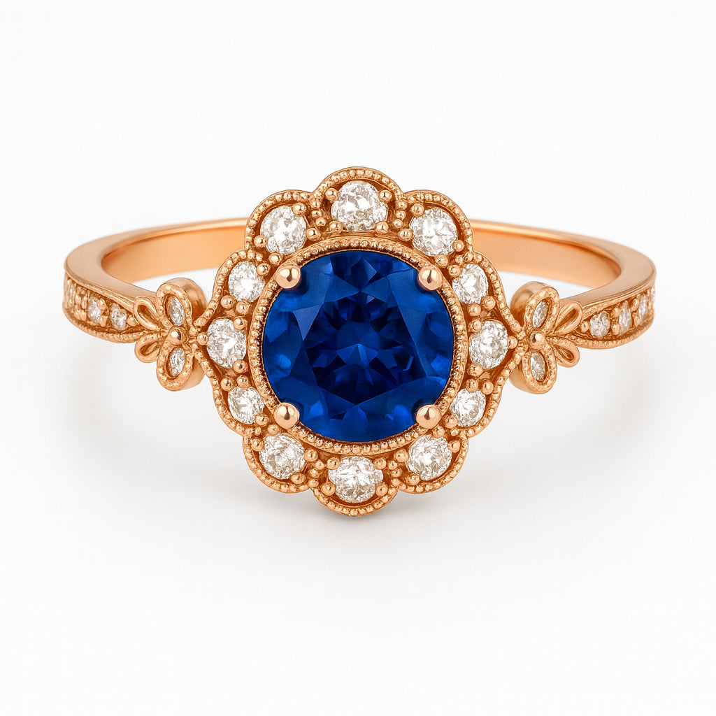 Floral 1.30 Ct Round Blue Sapphire Halo Engagement Ring