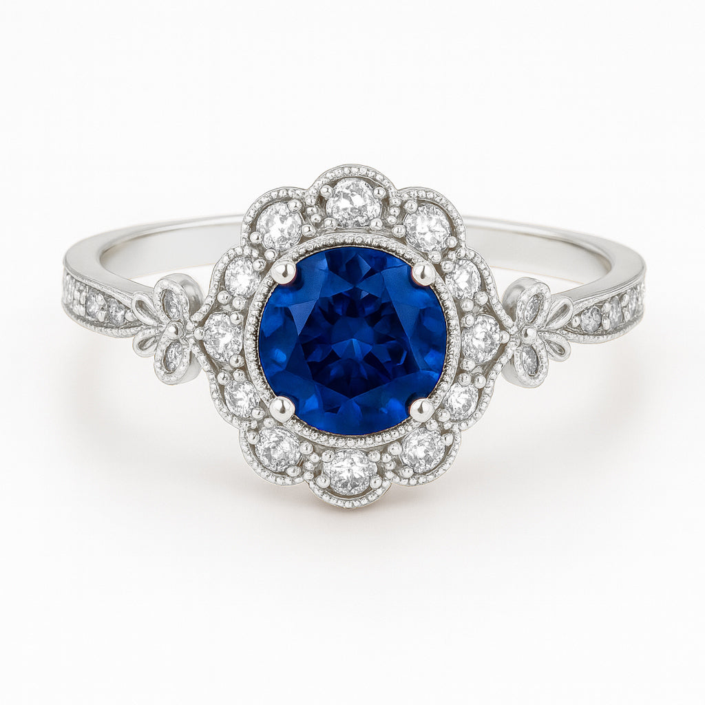 Floral 1.30 Ct Round Blue Sapphire Halo Engagement Ring