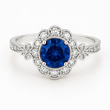 Floral 1.30 Ct Round Blue Sapphire Halo Engagement Ring