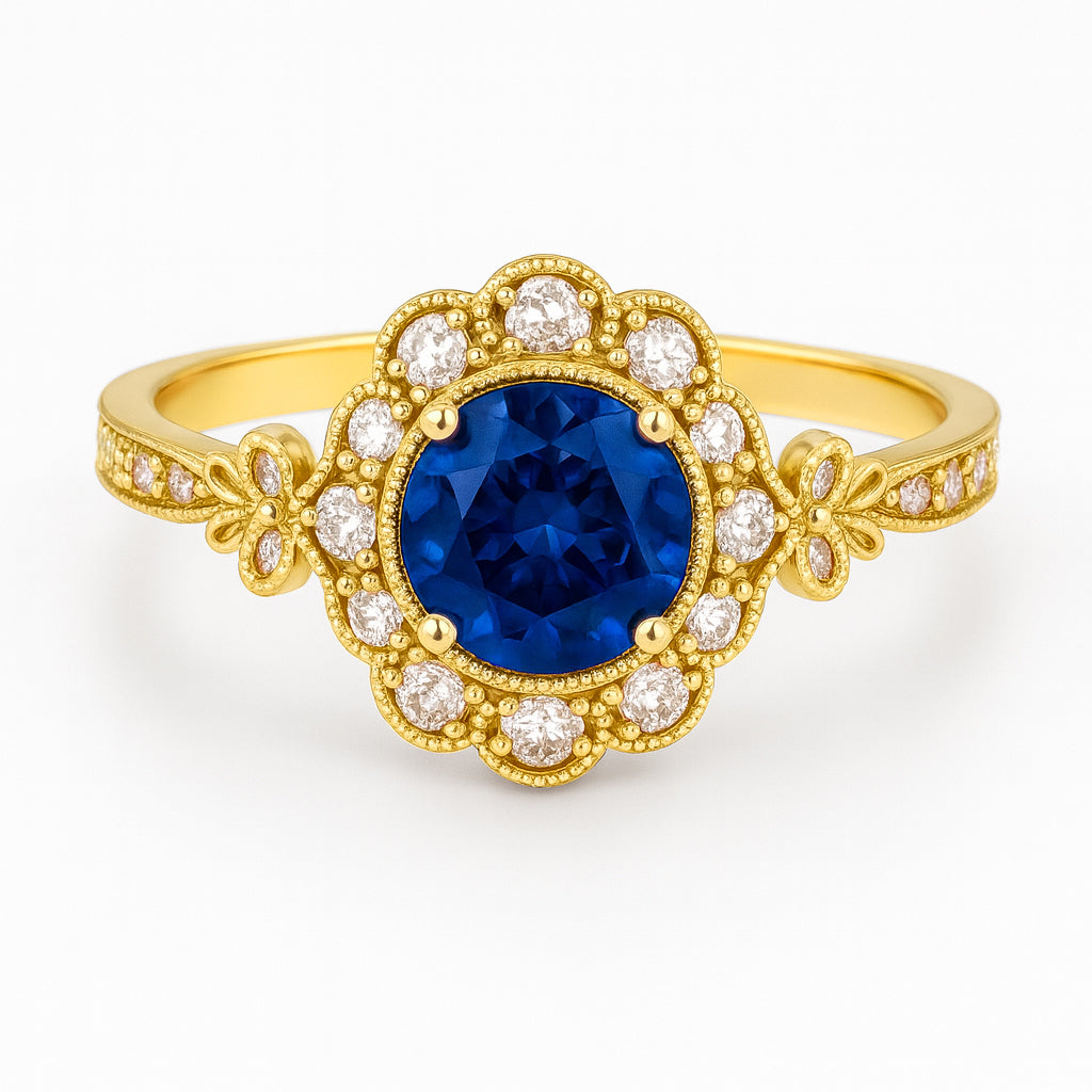 Floral 1.30 Ct Round Blue Sapphire Halo Engagement Ring