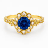 Floral 1.30 Ct Round Blue Sapphire Halo Engagement Ring