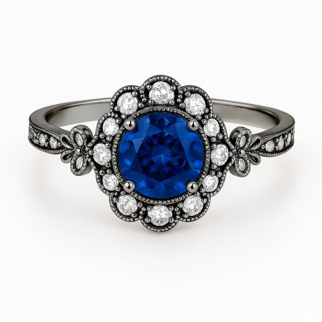 Floral 1.30 Ct Round Blue Sapphire Halo Engagement Ring
