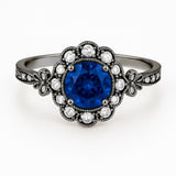 Floral 1.30 Ct Round Blue Sapphire Halo Engagement Ring