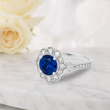 Floral 1.30 Ct Round Blue Sapphire Halo Engagement Ring