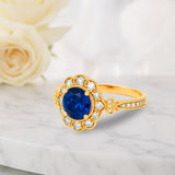 Floral 1.30 Ct Round Blue Sapphire Halo Engagement Ring
