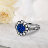 Floral 1.30 Ct Round Blue Sapphire Halo Engagement Ring