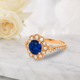Floral 1.30 Ct Round Blue Sapphire Halo Engagement Ring