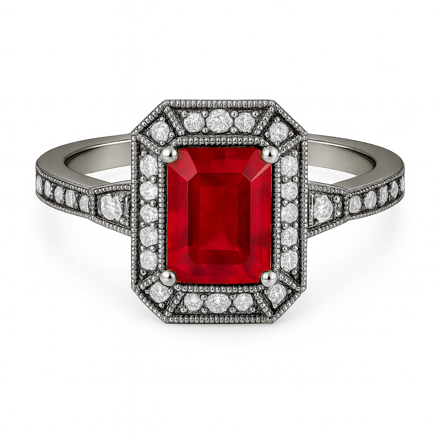 Vintage 1.35 Ct Emerald Cut Lab Ruby Engagement Ring