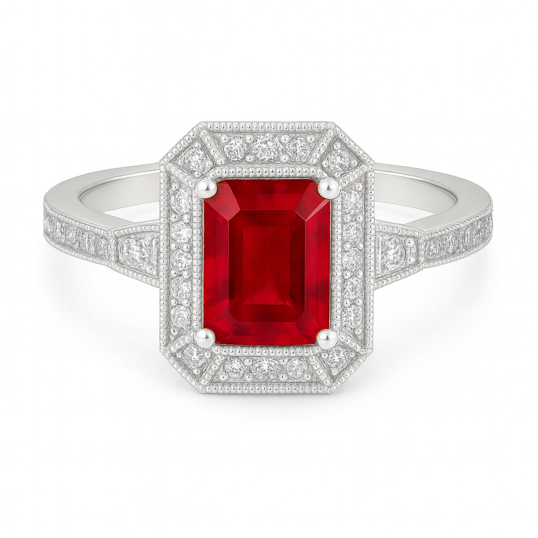 Vintage 1.35 Ct Emerald Cut Lab Ruby Engagement Ring