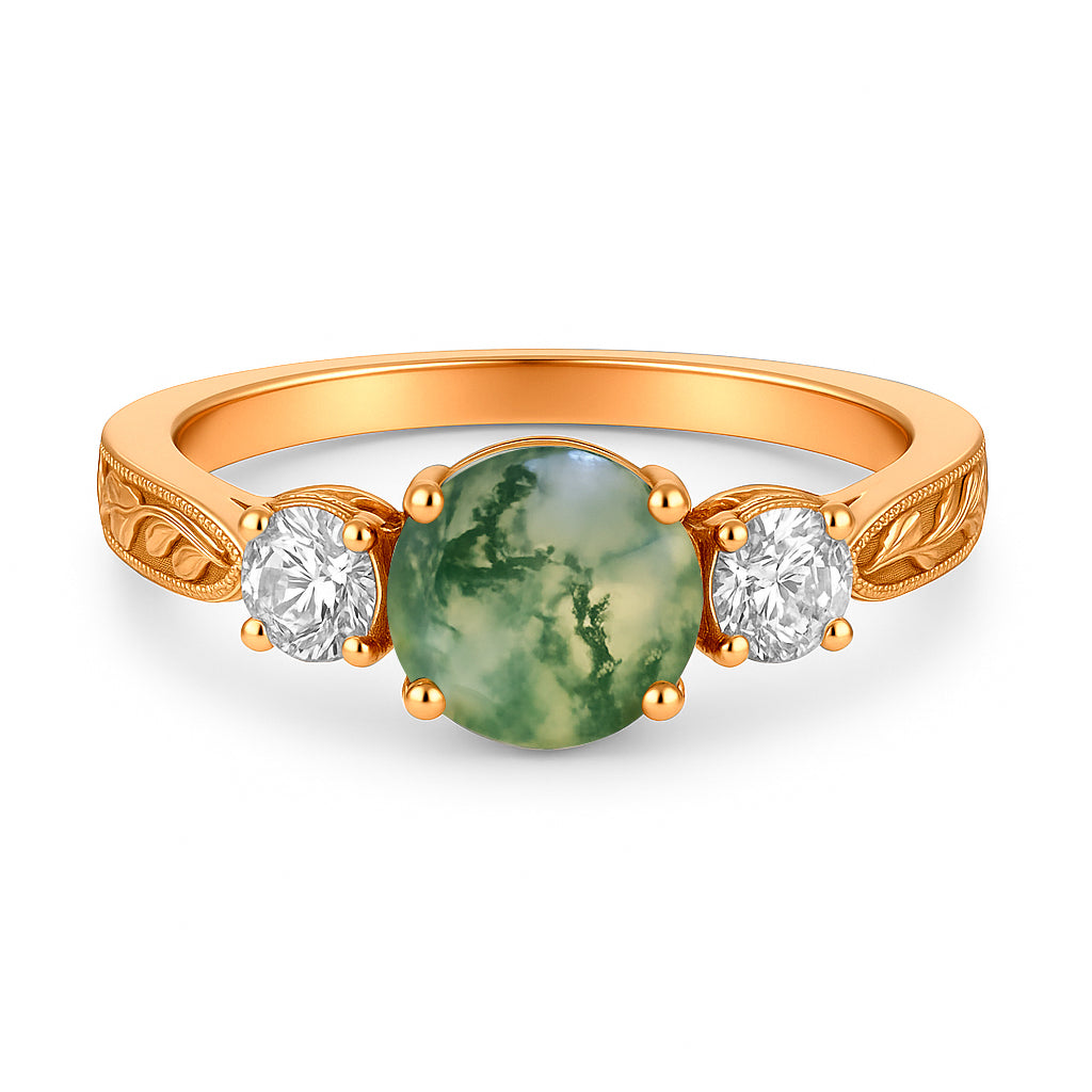 Three Stone 1.20 Ct Round Green Moss Agate Engagement Ring