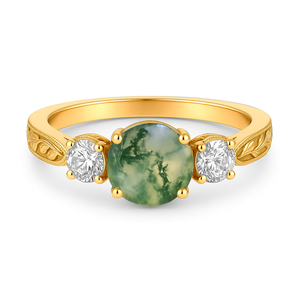 Three Stone 1.20 Ct Round Green Moss Agate Engagement Ring