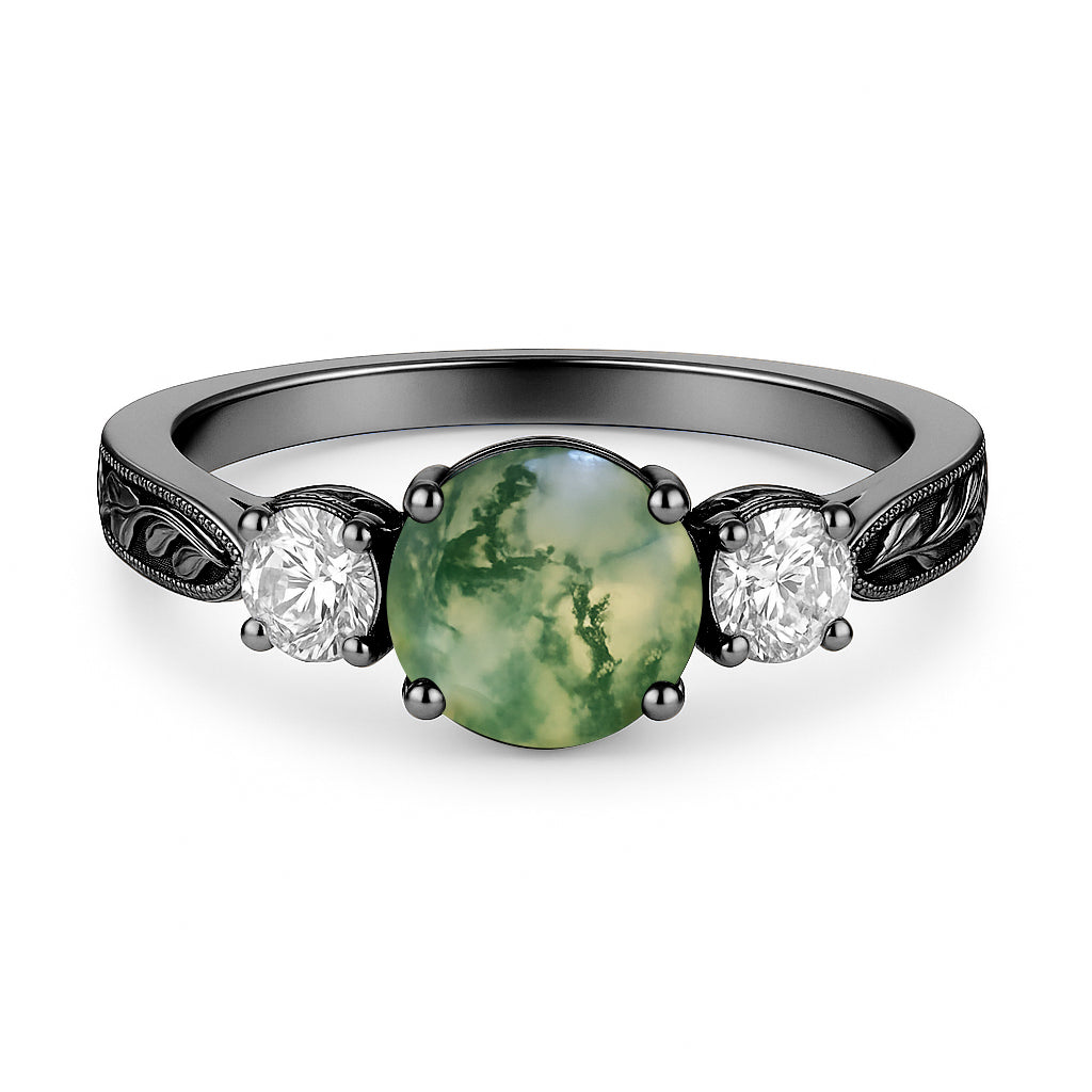Three Stone 1.20 Ct Round Green Moss Agate Engagement Ring