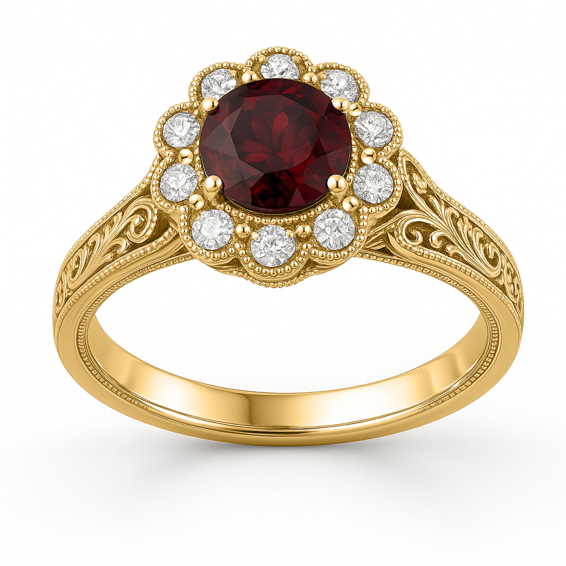 Vintage 1.15 Ct Round Lab Ruby Floral Engagement Ring