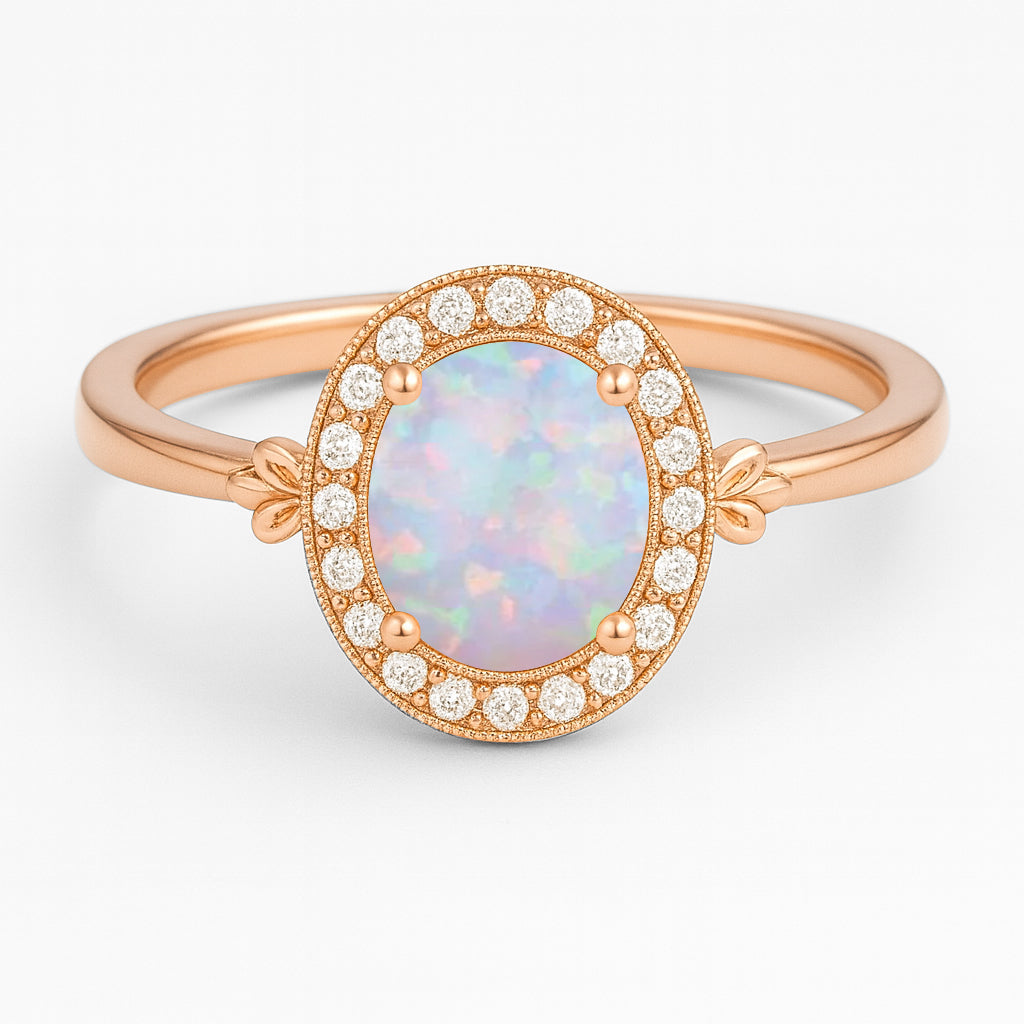 Halo 1.10 Ct Oval Cut Lab Created Opal Engagement Ring
