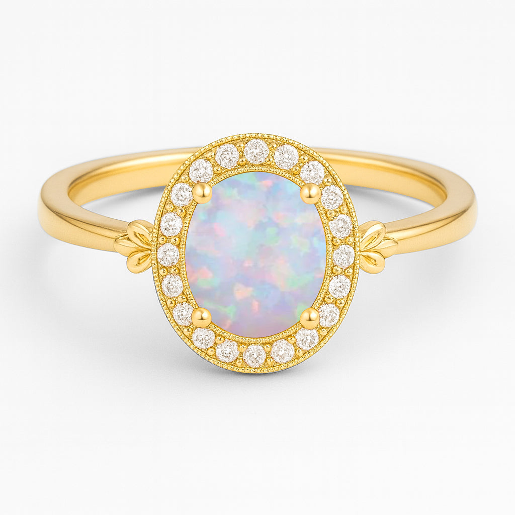 Halo 1.10 Ct Oval Cut Lab Created Opal Engagement Ring