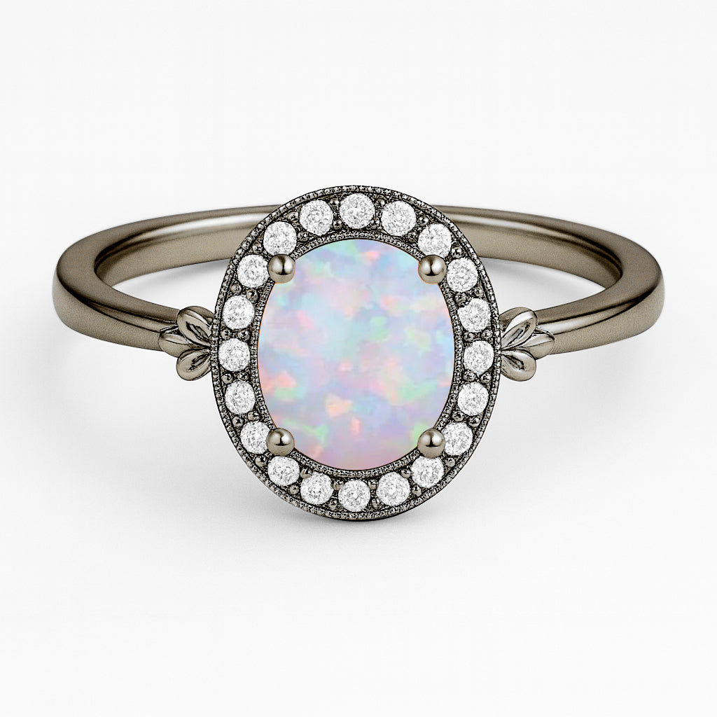 Halo 1.10 Ct Oval Cut Lab Created Opal Engagement Ring