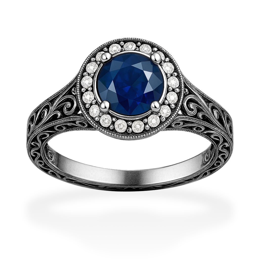 Halo 1.15 Ct Round Cut Blue Sapphire Vintage Engagement Ring