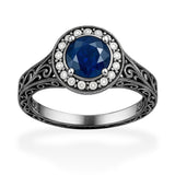 Halo 1.15 Ct Round Cut Blue Sapphire Vintage Engagement Ring