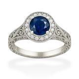 Halo 1.15 Ct Round Cut Blue Sapphire Vintage Engagement Ring
