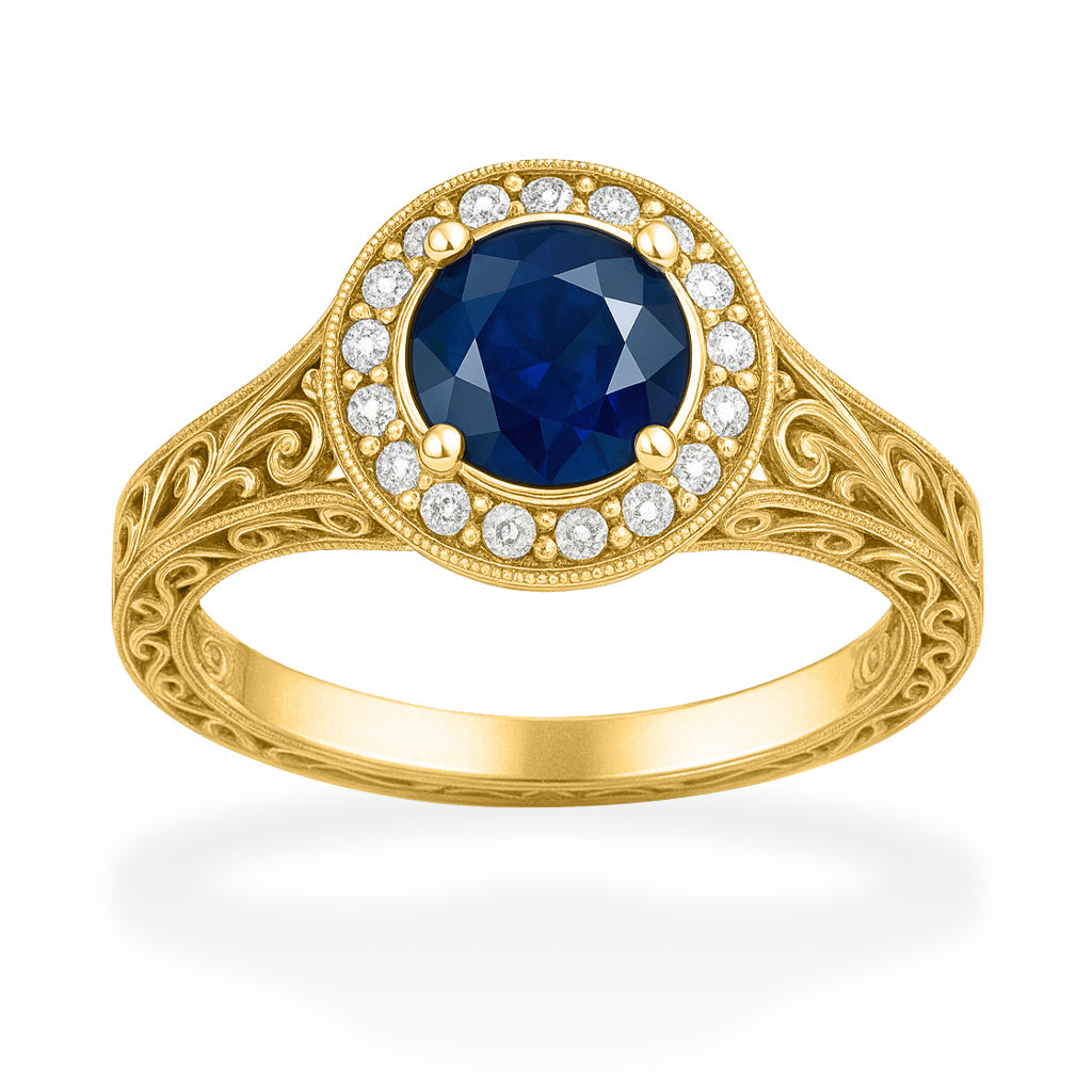 Halo 1.15 Ct Round Cut Blue Sapphire Vintage Engagement Ring