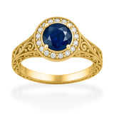 Halo 1.15 Ct Round Cut Blue Sapphire Vintage Engagement Ring