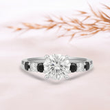 1.15 Ct Round Moissanite Black and White Side Stone Engagement Ring