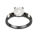 1.15 Ct Round Moissanite Black and White Side Stone Engagement Ring