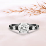 1.15 Ct Round Moissanite Black and White Side Stone Engagement Ring