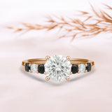 1.15 Ct Round Moissanite Black and White Side Stone Engagement Ring