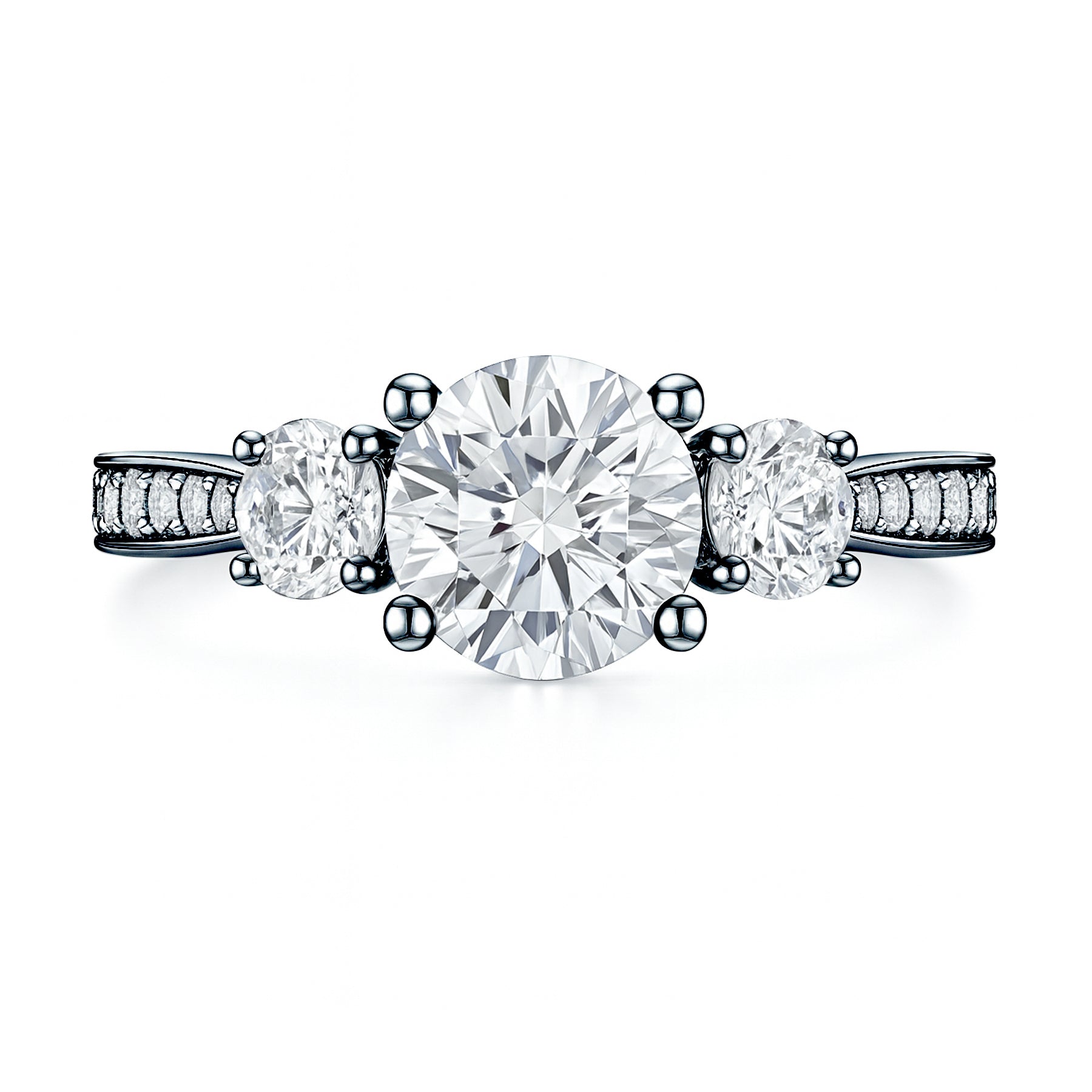 Certified 1 Ct Round Lab Diamond  Three Stone Pave Engagement Ring