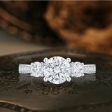 Certified 1 Ct Round Lab Diamond  Three Stone Pave Engagement Ring