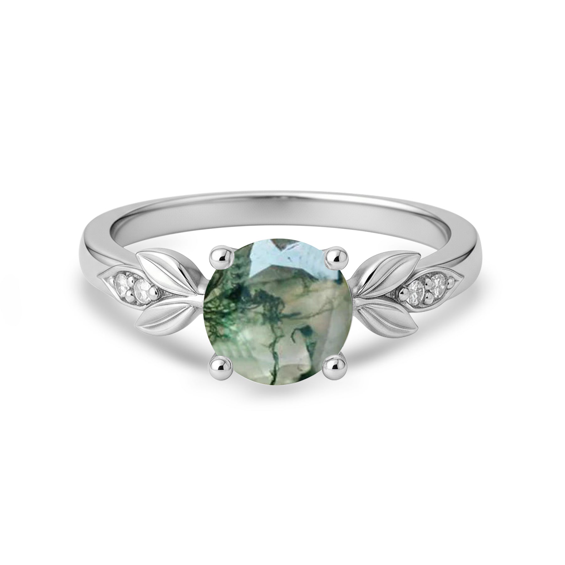 1.05 Ct Round Green Moss Agate Leaf-Inspired Nature Engagement Ring