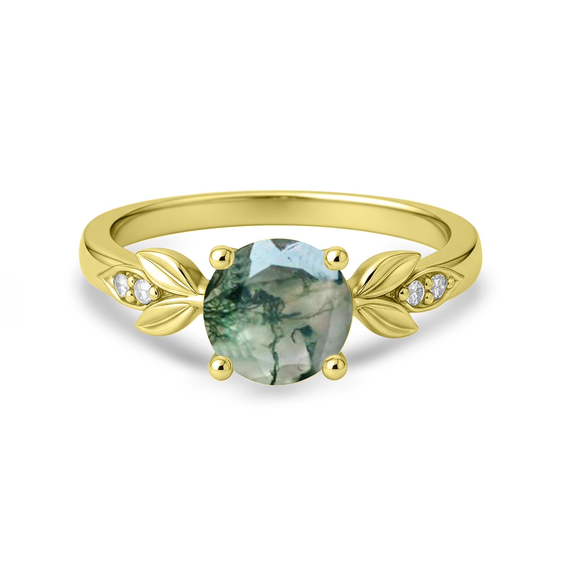 1.05 Ct Round Green Moss Agate Leaf-Inspired Nature Engagement Ring