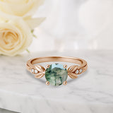 1.05 Ct Round Green Moss Agate Leaf-Inspired Nature Engagement Ring