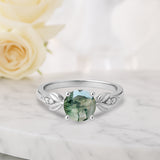 1.05 Ct Round Green Moss Agate Leaf-Inspired Nature Engagement Ring