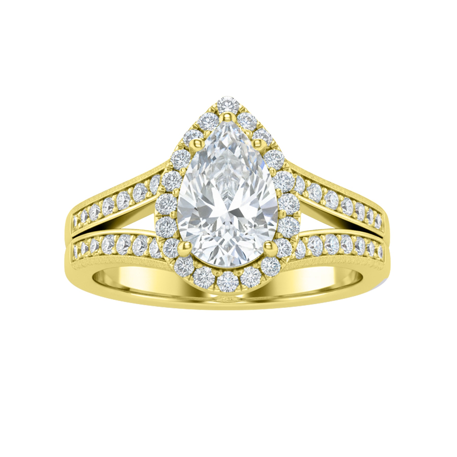 1.30 Ct Pear Moissanite Halo Split Shank Engagement Ring