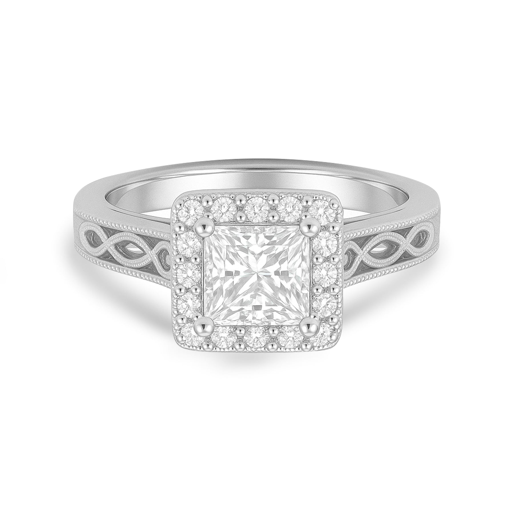 1.05 Ct Princess Moissanite Halo Vintage Engagement Ring